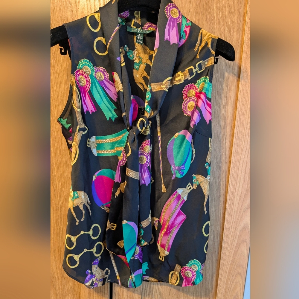 Ralph Lauren Black Blouse with Purple and Green Accents